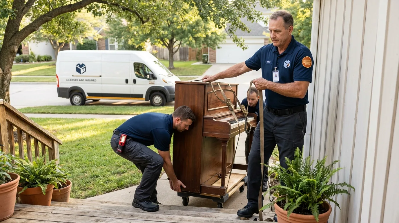 Licensed piano movers securing grand piano in Selinsgrove, PA