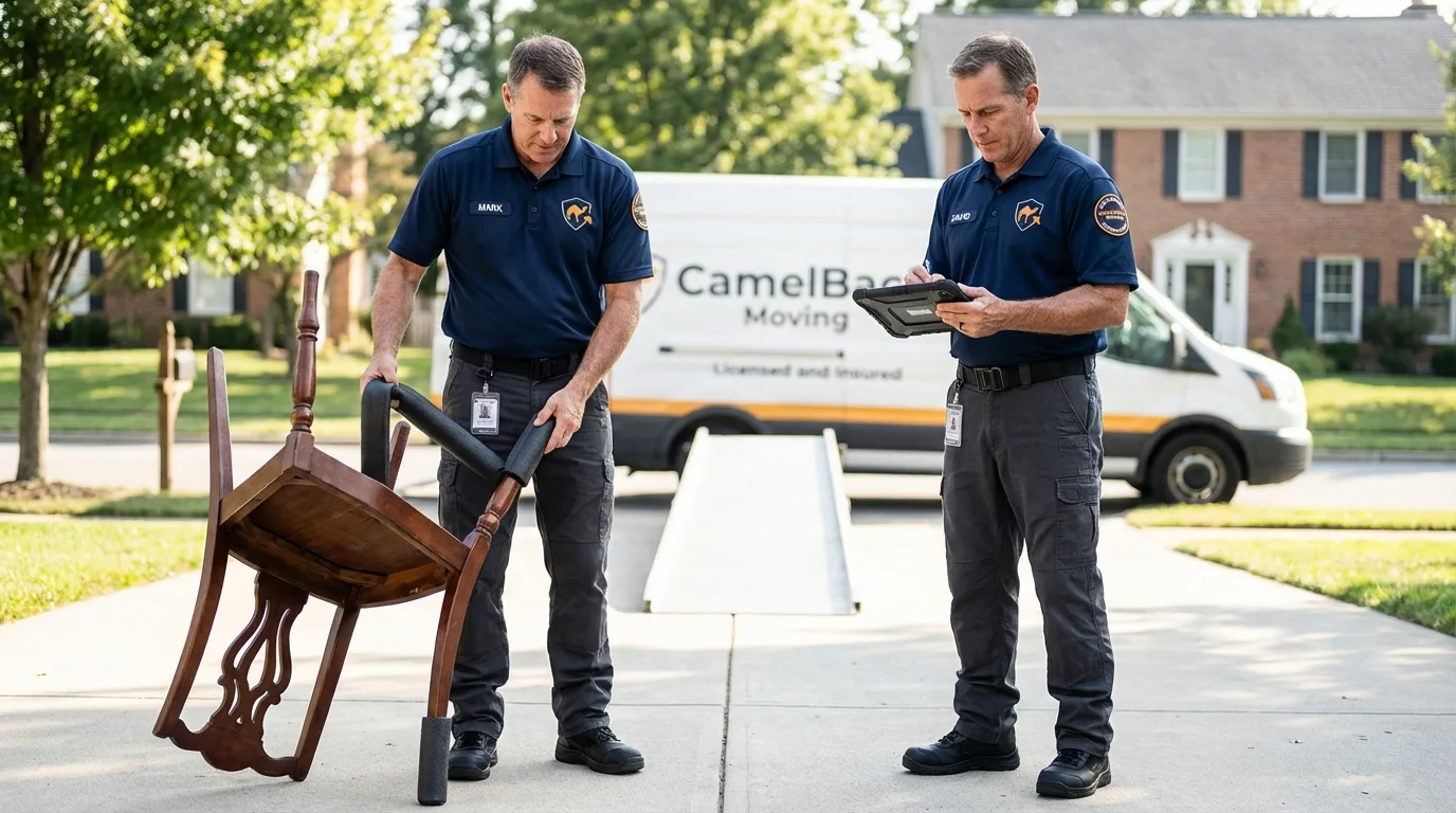 Movers inspecting furniture for damage prevention before loading in Selinsgrove, PA