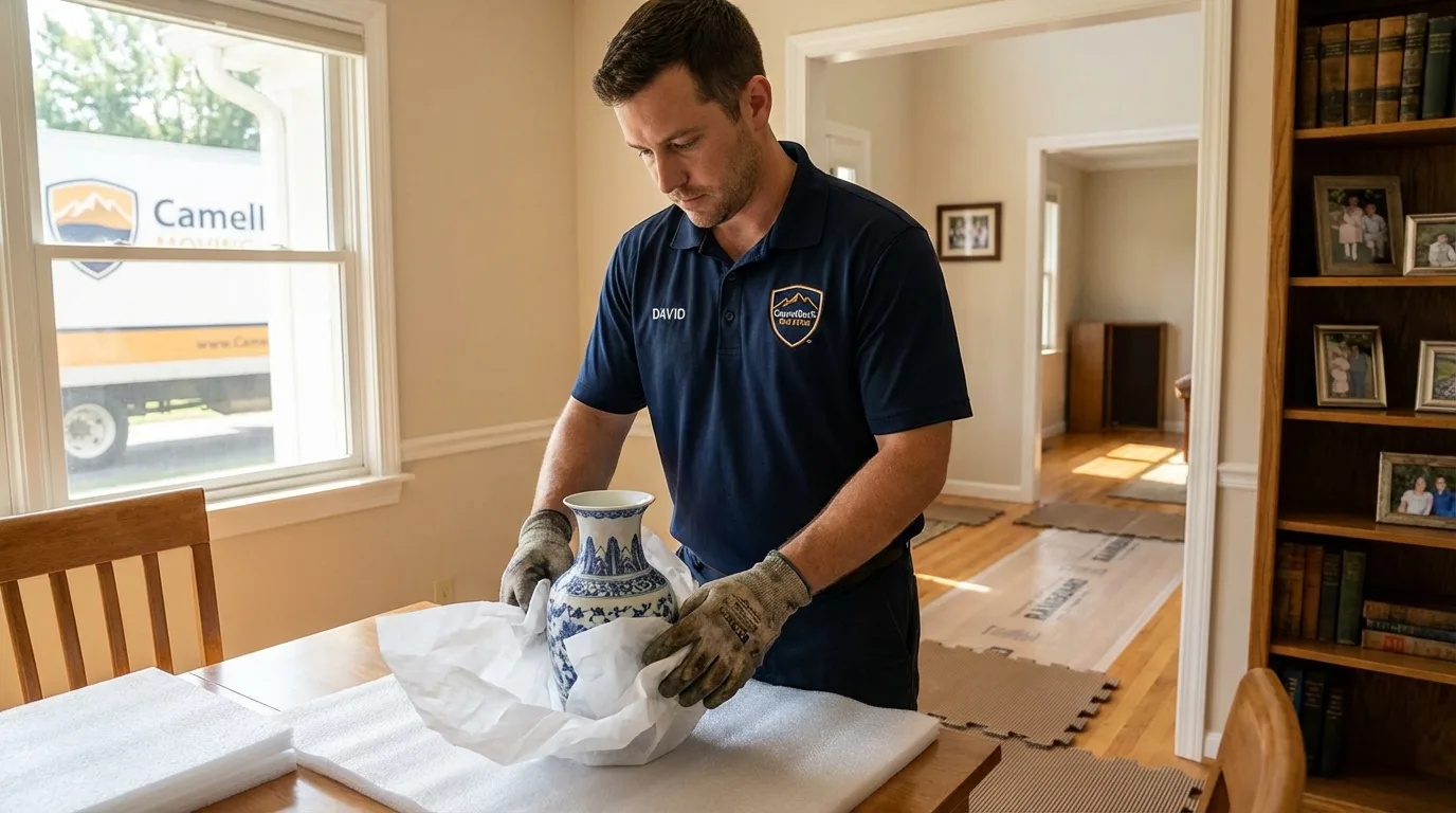 Professional crew carefully wrapping antique vase for senior downsizing move in Selinsgrove, PA
